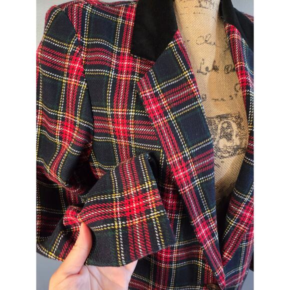 Vtg blazer sag harbor tartan plaid wool blend velvet holiday red green 10P - Picture 2 of 6